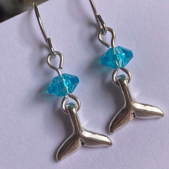 Silver Mermaid Whale Tail Earrings Aqua Bead Plated Dangle Dainty Nautical - Picture 8 of 12